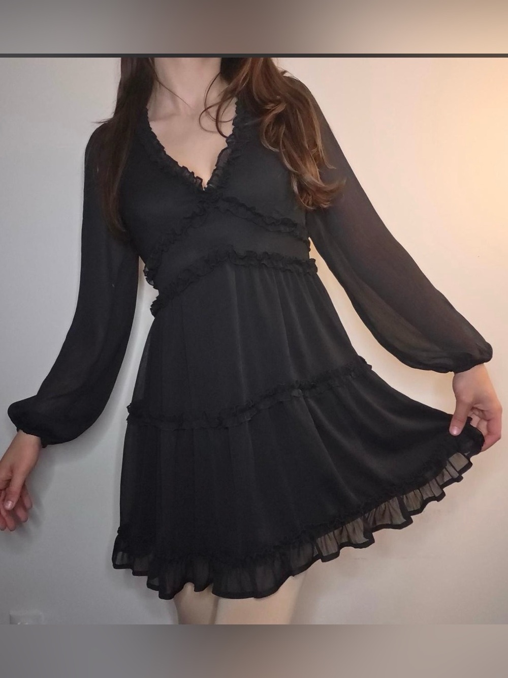 Francesca's Collections Sheer Black Tiered Ruffle V-Neck Long Sleeve Mini Dress